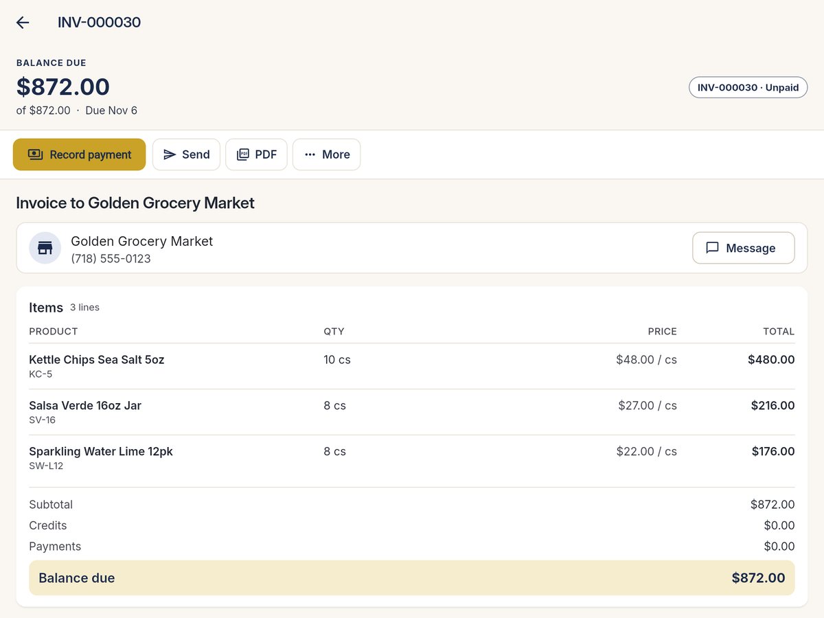 An invoice on an iPad: customer, invoice lines with cases and prices, totals, Send, PDF and Record payment