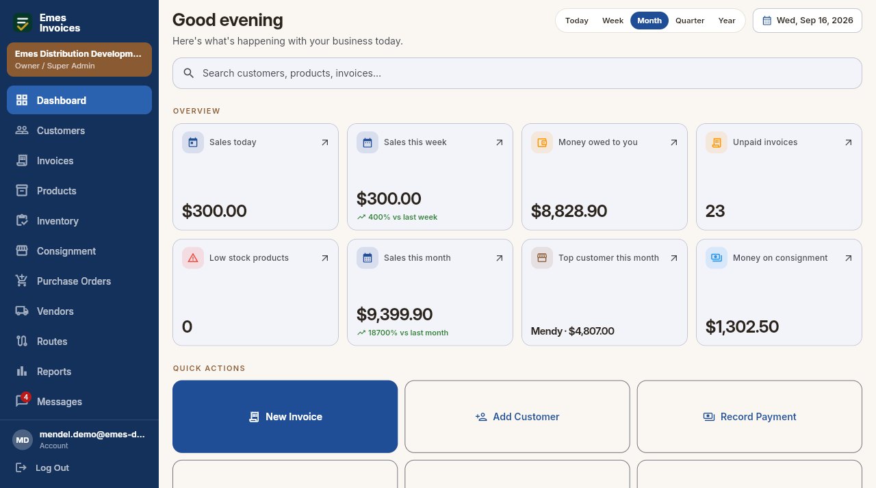 The Emes Invoices dashboard: sales today, money owed to you, unpaid invoices, and quick actions