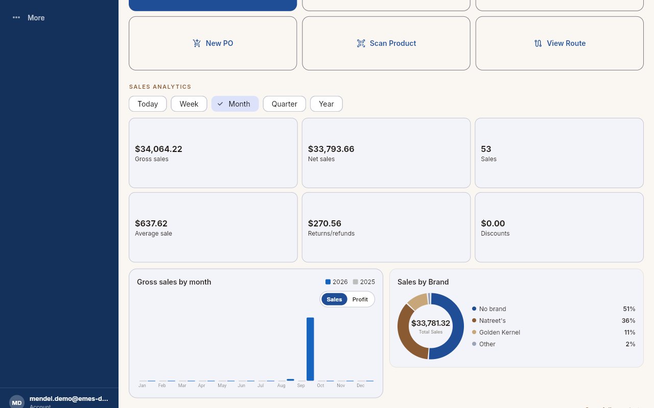 Emes Invoices on a laptop: sales analytics with the gross sales chart and sales-by-brand breakdown