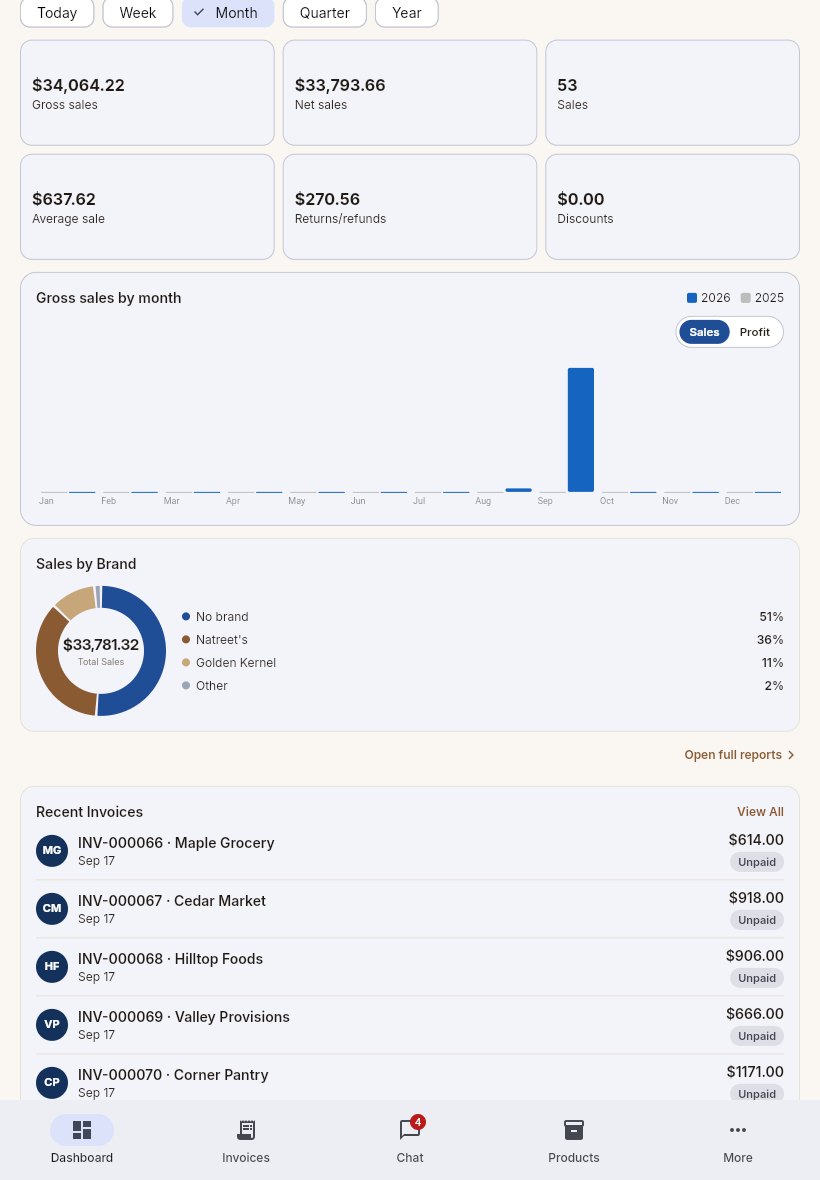 Emes Invoices on a tablet: monthly sales chart, brand breakdown and recent invoices